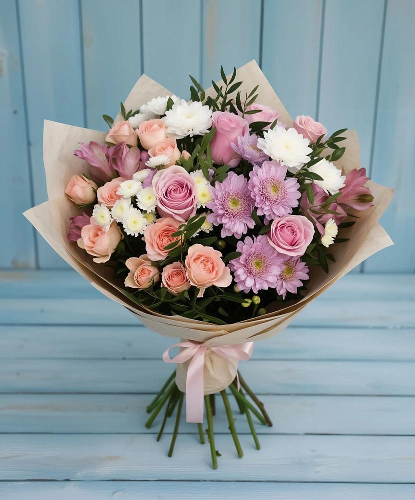 Букет цветов из: Хризантемы, Розы и Альстромерии в Яшкуле