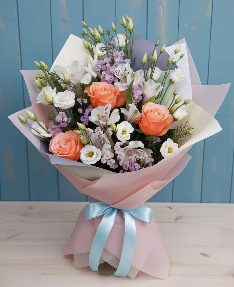 Букет цветов из: Лизиантусы, Розы, Альстромерии и Гипсофила в Яшкуле